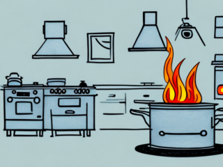 A kitchen with a pan on the stove with flames rising from it