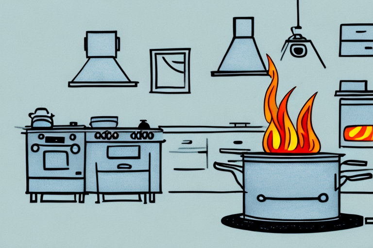 A kitchen with a pan on the stove with flames rising from it