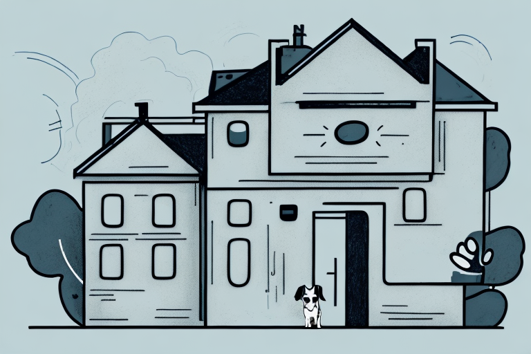 A house with a dog in the foreground